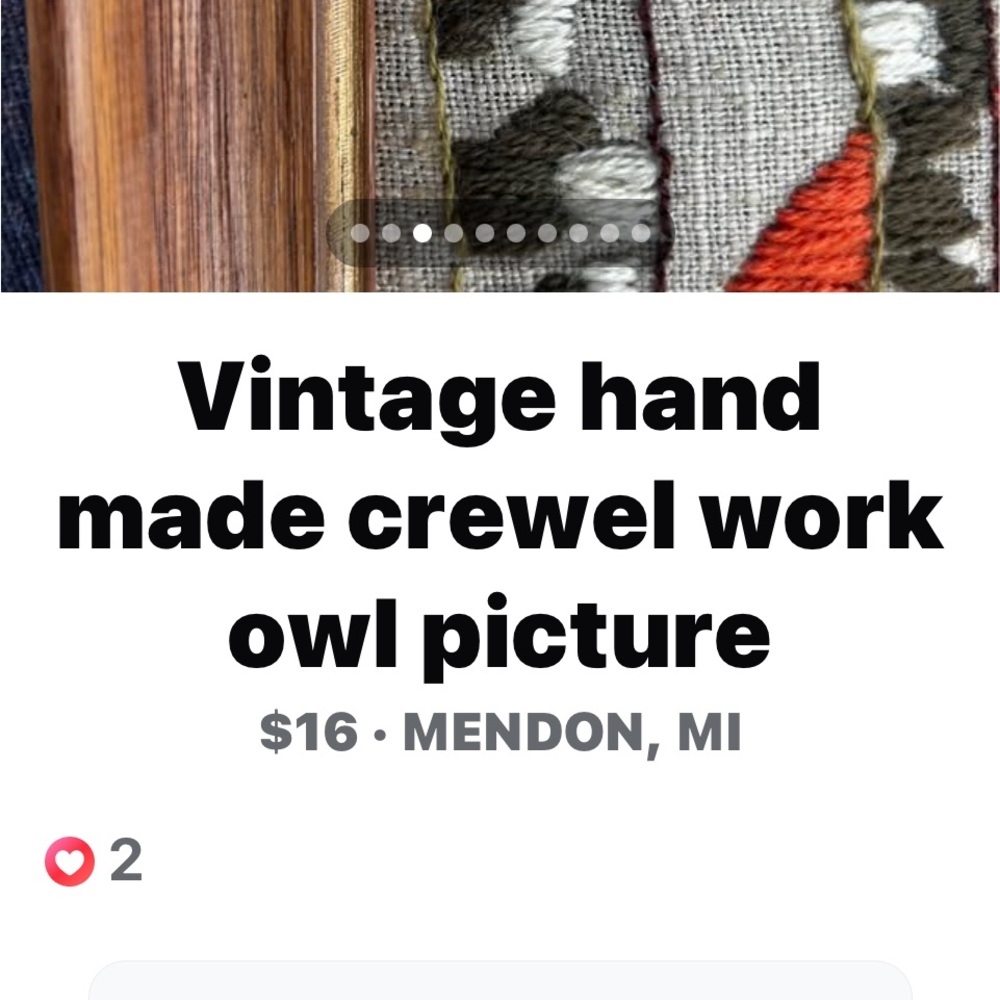 Vintage Handcrafted Crewel Owl Wall Art - Orange & Green - Picture 2 of 5